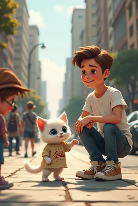 a white kitten with blue eyes with a holey T-shirt is walking down the street asking people for money from passers-by, 
he meets a handsome guy with brown hair in a white t-shirt 