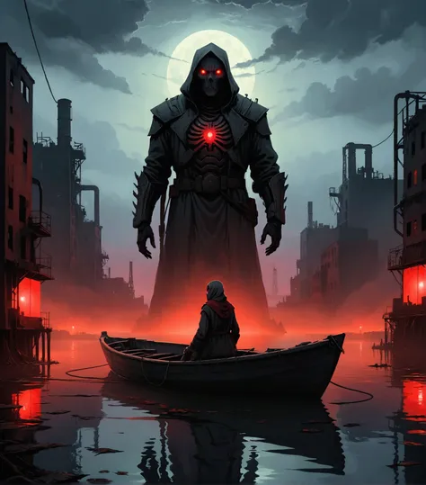 A lone figure sits in a small boat on a dark, misty lake. The sky is an eerie shade of twilight, casting a sinister glow over the water. In the distance, a dilapidated industrial city stands with ominous red lights flickering sporadically. Looming above th...