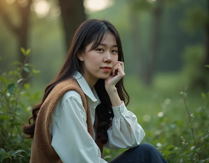 a young lady，Photo ，Photography texture，Portrait Photography，EOS 5D Mark IV， to the audience， A young woman sitting in a quiet 、 The lighting in the natural environment 。 She is wearing a long white shirt ， wearing a brown vest 。 Her long dark hair is desi...