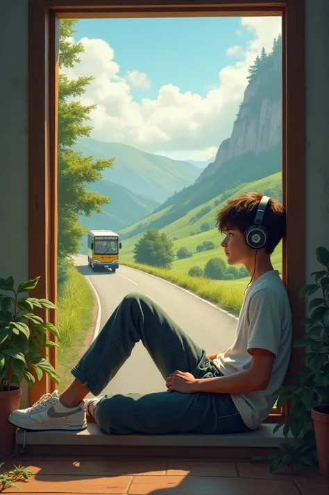 A young guy sitting in bu window with headphones andvbus moving in pleasant nature road