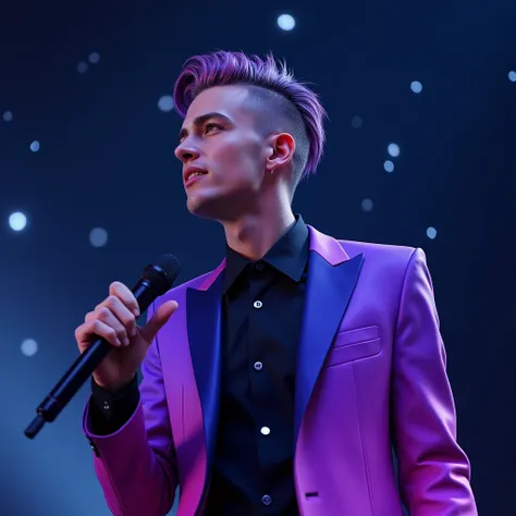 cool singer, german, young man in a suit, hyper realistic, night with stars background, futuristic long haircut, gradient hair color, purple gradient color jacket

