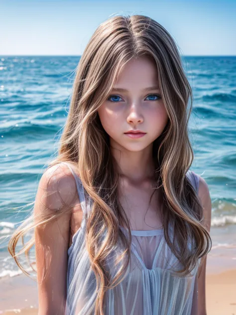 beautiful girl ,  age thirteen ,  young and beautiful , standing at sea in a wet transparent dress,  grey eyes ,  long blond hai...