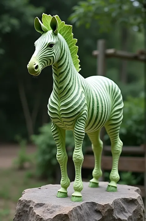 An indian woman made a zebra out of cabbage  stand on big Rock stone 