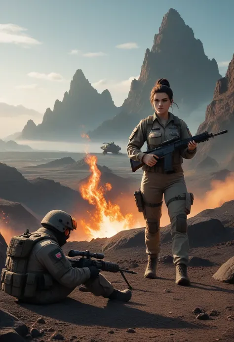 male and female future soldier wearing battle uniform, holding rifle, attack horde of creature insect, barren land of volcanic island, gun blazing, flare in the sky, a view of battle scene.
