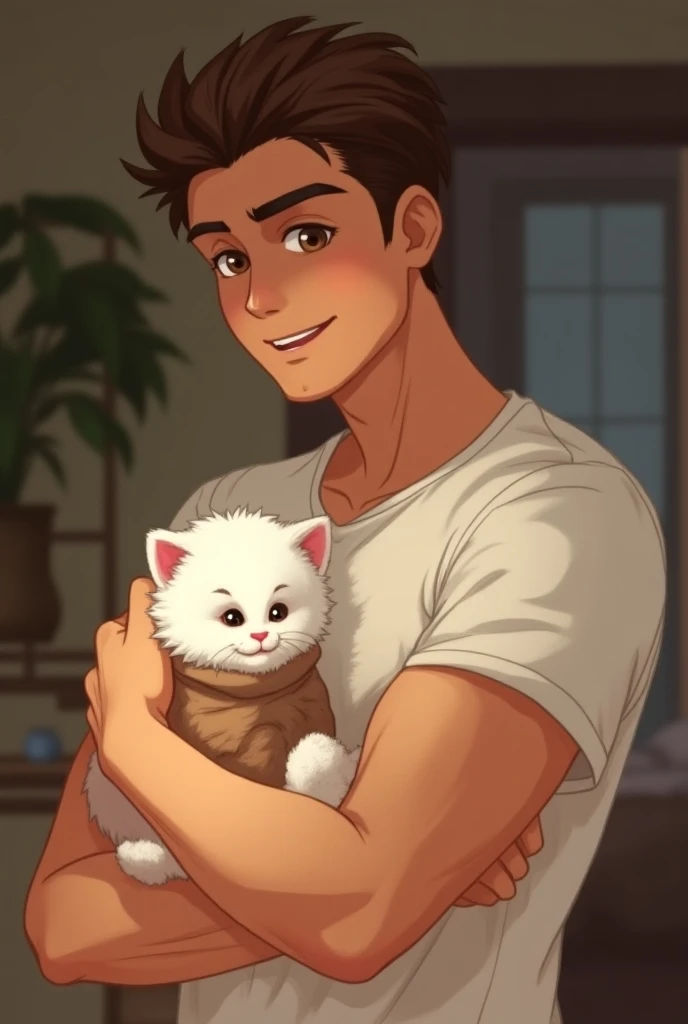 handsome guy in a white t-shirt with brown hair takes home a white kitten in a leaky t-shirt