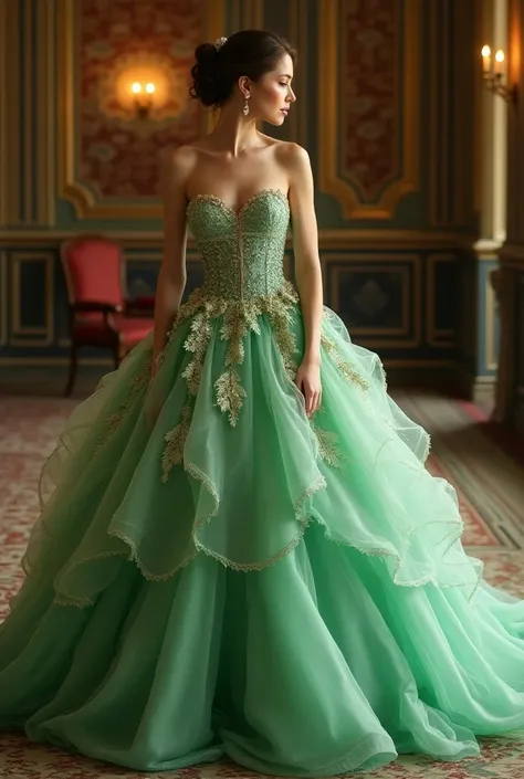 Big  ball gown flaunting ethereal in unique color and design color mix green and golden colors mix detailing in crave beautiful 