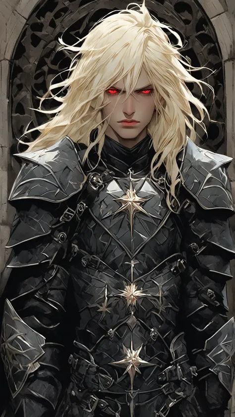 some young men around 28 years old, with platinum blonde hair, red eyes, and pale white skin, stands at 1.80 meters tall. they are wearing a detailed, black armor, sleek and dark with intricate engravings of Chaos Star symbols (or Chaosferas) on the chest ...