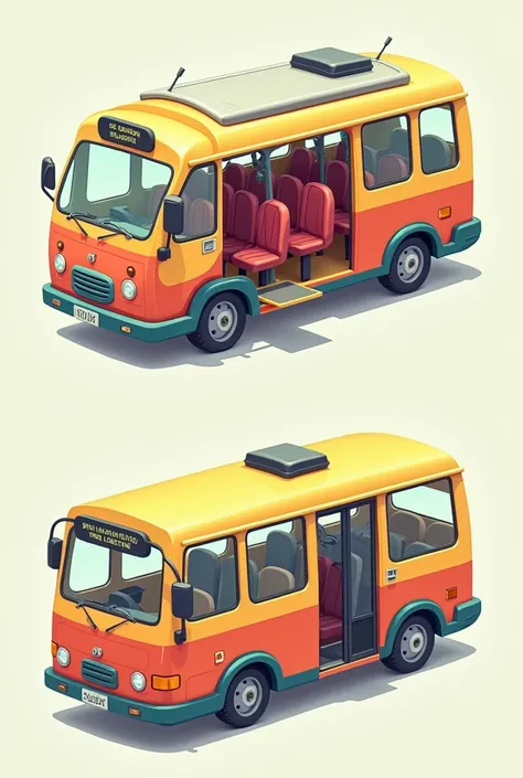  animated bus  , inside view  ,  aerial view ,  top view  ,board style board game , 9 seats  ,  red front seat ,  bright color image  , no people in the picture , manual box ,  drop down door, flat style