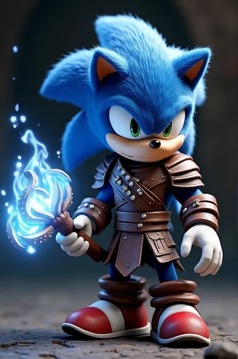 Sonic wearing Kratos costume and holding the speckled glowing. Highly realistic Render  