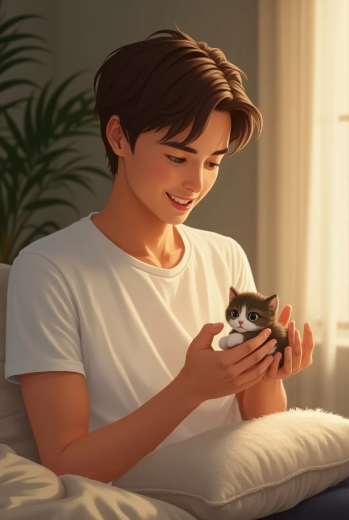 handsome guy in a white t-shirt with brown hair 
he feeds the kitten and gives a soft pillow to sleep