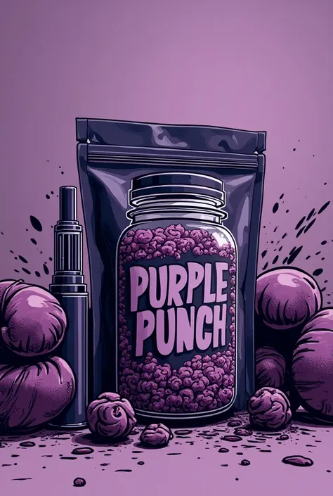  Create a Pouch bag-type marijuana package with the name Purple Punch remember to put on a jar it smells like purple liquid the jar should look like a drawing and you must be smoking a vape, Put on some boxing gloves scattered around the Pouch bag too  