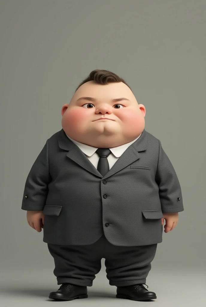 A chubby but attractive boy .  Must convey that he is boring and a workaholic . 
 Wearing a gray business suit with a checkered print 
