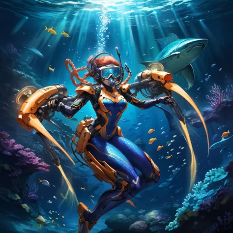 Digital artwork of a mecha girl equipped with an assumption of underwater combat, Amphibious mecha girl, short hair, wolf cut hair, underwater goggles, futuristic snorkel, headgear, underwater bodysuit, tight skin, mermaid motif exoskeleton, equipment hydr...