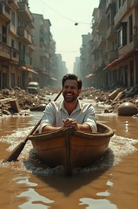  Politician Pedro Sanchez in a small wooden boat, laughing in a flooded city full of mud 