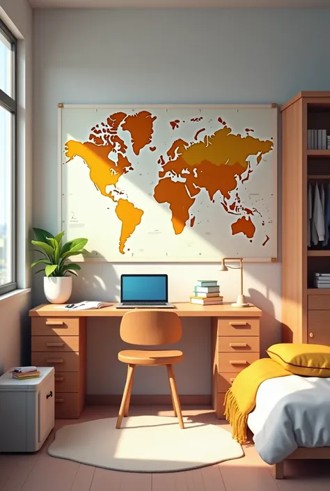 Please generate animated image Small room,paste world map ,study table with somes books laptop and pen stand ,a bed ,a cooler and a almirah, wall is painted white