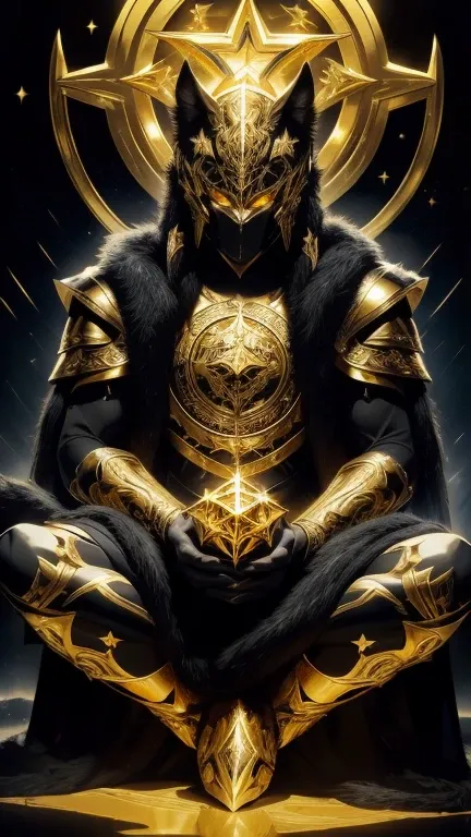 ( high quality), (masterpiece), (more details ), ( full body), ( man in black armor with golden runes ), ( wolf ears on a black helmet with golden runes), (the golden moon above your head ), (meditates in the lotus position ), ( holds the galaxy in his han...