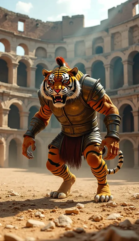 "A fierce hybrid creature standing in the center of an ancient coliseum, combining the powerful, muscular build of a gladiator with the predatory grace of a tiger. The creature’s body is clad in a blend of Roman gladiatorial armor — a bronze chestplate, ar...