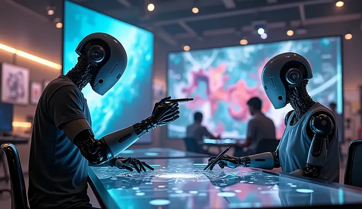 A futuristic scene where humans and machines are collaborating to create art, blending human creativity with advanced AI technology. The setting is a high-tech studio filled with digital screens, glowing interfaces, and abstract art being generated by both...