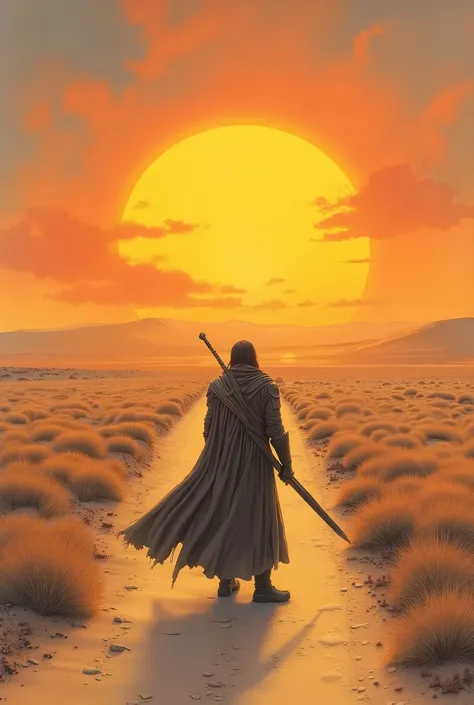 Запрос на английском:
 Illustration by Kinuko Y. Craft, pastel pencil drawing, a dirt road through a desert steppe goes to the horizon, a large setting sun has half sunk below the horizon, a warrior hero stands on the road with his back to the viewer and h...