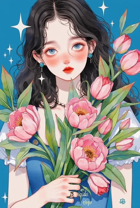 A painting，Watercolor Art，blue eyes girl， red face ，freckle， long, fluffy hair，A bouquet of flowers， rich details。Flash，shine，Star