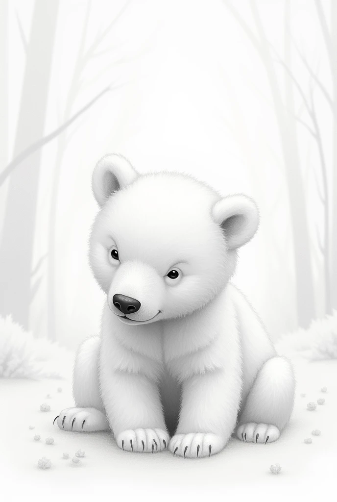 Beautiful baby bear painted in realistic white color drawn in pencil with the defined and thin outline painted all white ,  in a beautiful and lush forest painted all white with the entire outline very defined with fine lines painted white. realistic