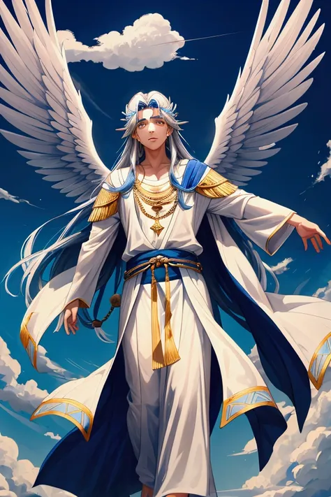 1man, a young man with middle length hair. He wears loose Greek robes and silver and blue jewelry. There are cloud patterns on his clothes. He is a wind god. He has wings on his head and back