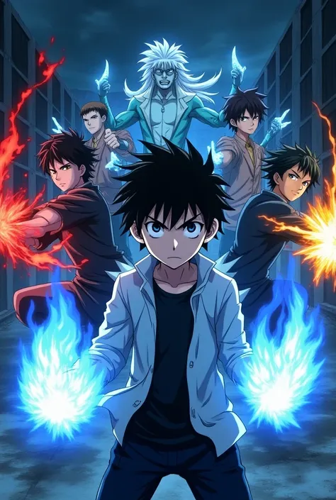 An Anime Poster Key Visual

Background: Dark City 
Characters: Boys In fighting poses Performing Theyre Powers
Theyre Elements: Blue Flame, Dark Red Flame, Lightning, Shadow, Wind, Ice, Snow, Flame

The Boy On The Front With A Serious Look: Blue Flame

The...