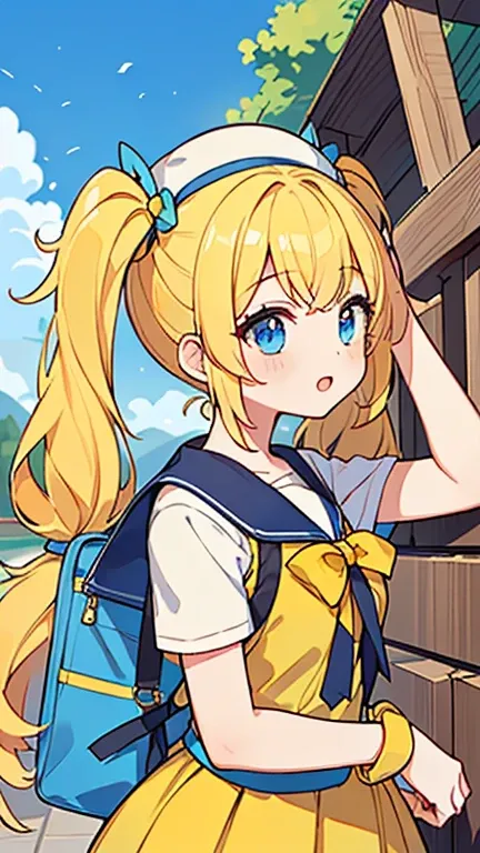 ((  woman with yellow pigtails on both sides and blue eyes dressed like a yellow college student)),(( A yellow magical girl dressed like a yellow college student is wearing a hat . )),(( 노란 대학생처럼 차려입은 . )),bangs,   between heads   