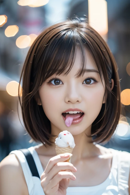   cute Japanese woman , ((Licking ice cream)),   ice cream cone, (holding   ice cream cone: 1.4),  open your mouth, (  Protruding : 1.3),   short hair,    natural makeup, Melting Ice Cream  ,  is staring at me, Brown Hair, Soft lips, teeth,   highly detail...