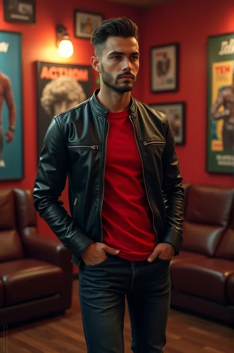 A young man wearing a red t-shirt, black leather jacket, black jeans, black leather shoes. The background is in a cinema room complete with movie posters.