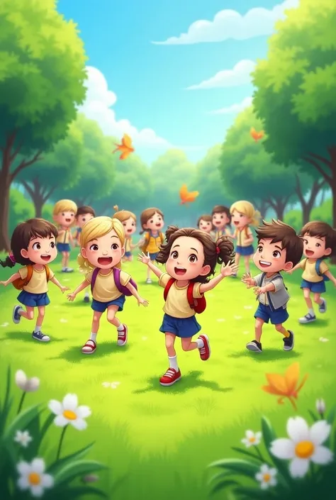 9 schoolgirls and 13 boys with bright expressions on a lawn playground