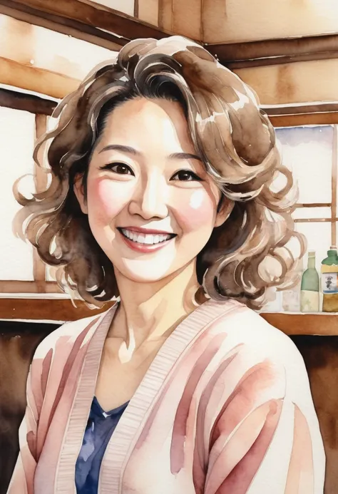 A watercolor illustration of Ayano Fujisaki, a 48-year-old Japanese woman seen from a lower angle. With her round face, light brown curls, and subtle smile, she exudes elegance and confidence as an izakaya hostess. She wears a pastel-colored sweater that c...