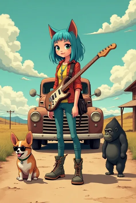    Western Country Girl with cat ears from Country Road has a guitar case。Next to her、   I have a corgi dog wearing cute western style sunglasses 、Theres also a cute gorilla 、  , number々Awards, Best Quality, Illustration effect for posters and magazines, 動...