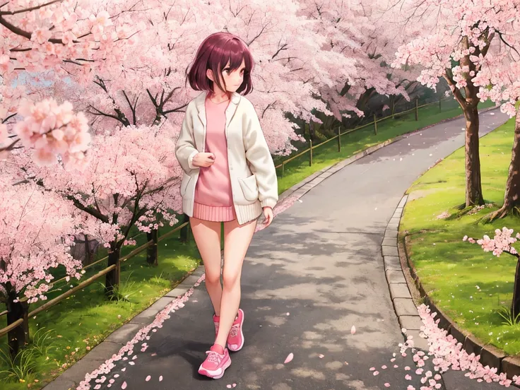  girl walking through cherry blossom trees,naked,A short sweater with a hem that extends to the chest, sneakers,Lower body exposed