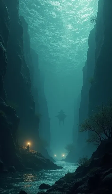 An abstract, eerie underwater scene with sound waves traveling through the deep ocean, hinting at something massive and mysterious in the distance