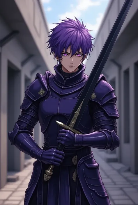 Gender male. Age s. Weight 50 kg. Height 174 cm. Race human. Short sharp purple hair. Eyes purple. Body build thin fit. Appearance young beautiful. sharp chin, fanged teeth. Weapon black as pitch long sword. Armor plate purple armor all over the body and w...