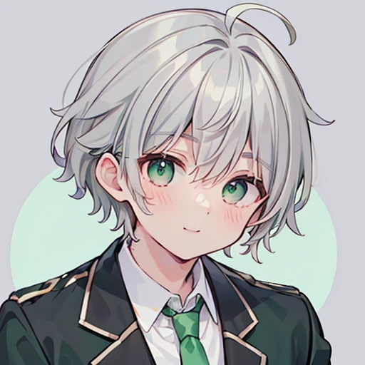 ((Upper body close-up,  face up,  looking at the camera)), Solo Shot, ((1 Male:1.5)),  handsome,  high school students, (smile), ((Grey Hair:1.5)), Hairstyle that looks like a fluffy perm, Short Hair, Ahoge, Mint green eyes , (black blazer uniform ), ((pas...