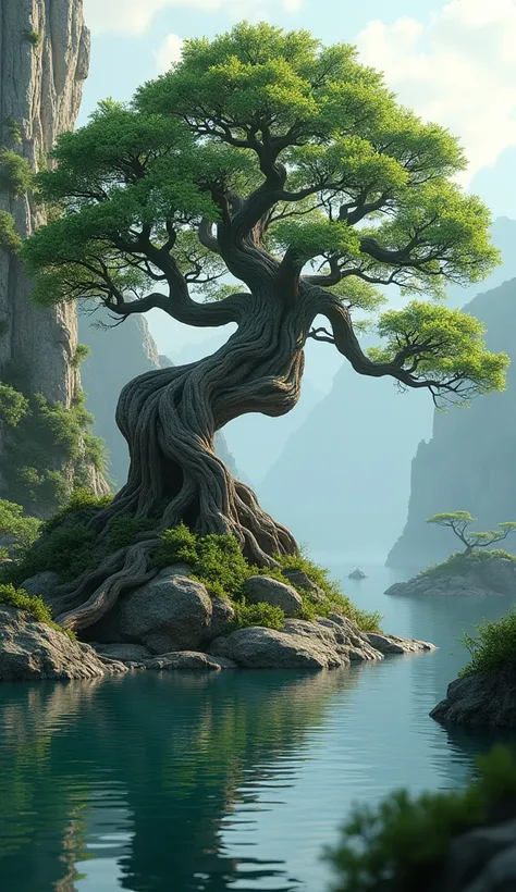 High Resolution, beutiiful nature,water,big bonsai styel tree