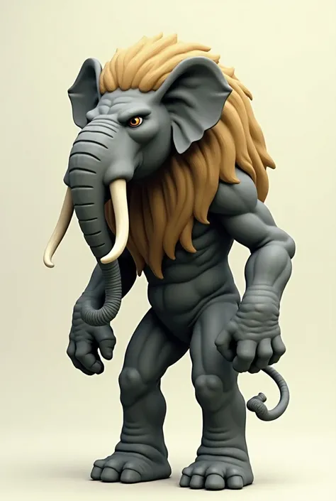 Image is a digital illustration featuring a fantastical creature that combines women elephant of a lion and an elephant. The creature has the body and legs of an man lion characterized by thick, wrinkled gray skin and large, rounded feet. Its head is that ...