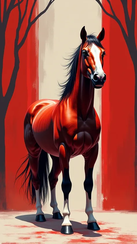 2D Horse, red, white and black wallpaper,Solo, High Resolution, Masterpiece, Accurate, Best Quality, Award Winning, HD, 