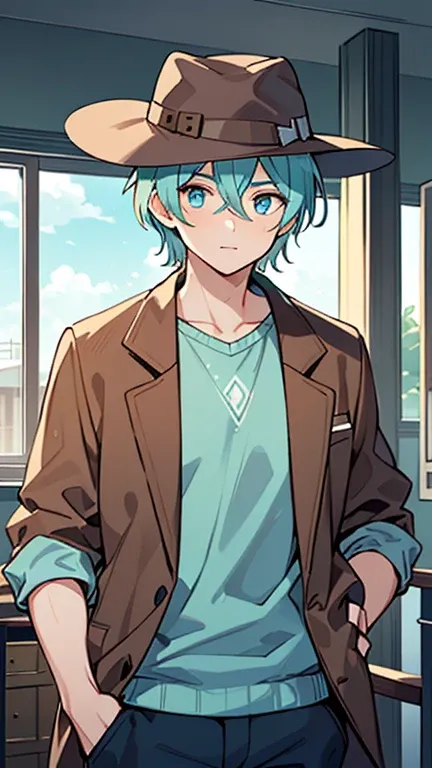 (( A man with mint-colored hair and blue eyes )),(( wears light blue clothes like a college student)),((A guy with a brown hat  )),bangs,  Hair between eyes 