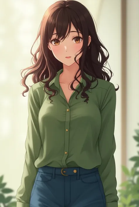 A pretty anime woman with curled brown hair wearing a green long sleeve shirt and blue long shorts. 