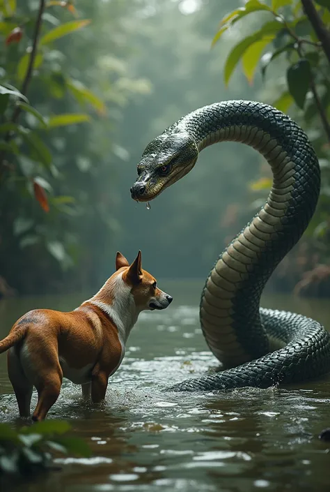 dog vs anaconda snake in a pond