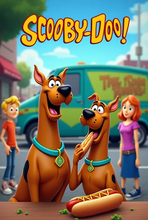  Create an image for a hot dog Instagram post ,  put Scooby Doo and parsley eating a hot dog with the mystery van behind and with the rest of the Scooby Doo gang I comment, And on top of that write  "Scooby Dog" 