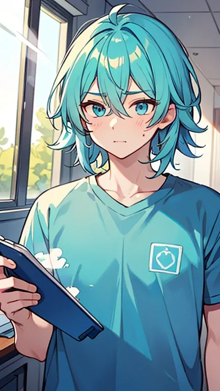 ((Man with steamed turquoise hair and blue eyes)),(( wears light blue clothes like a college student)),bangs,  Hair between eyes 