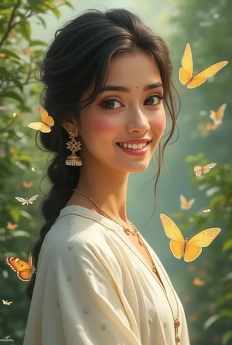 Nepali single women with beautiful white kurth,garments,jhumka with smile around butterfly real human 