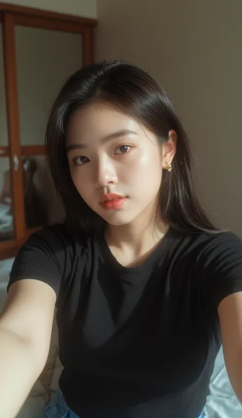 selfie shot, closeup face photo of 20 y.o ((Lilyana)) chinese-indonesian girl, ((Lilyana)) wearing plain black t-shirt, big breasts, pale skin, (smile:0.2), at her bedroom