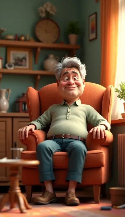 A pixar 50 year old man in his house sitting 3d animated cartoon