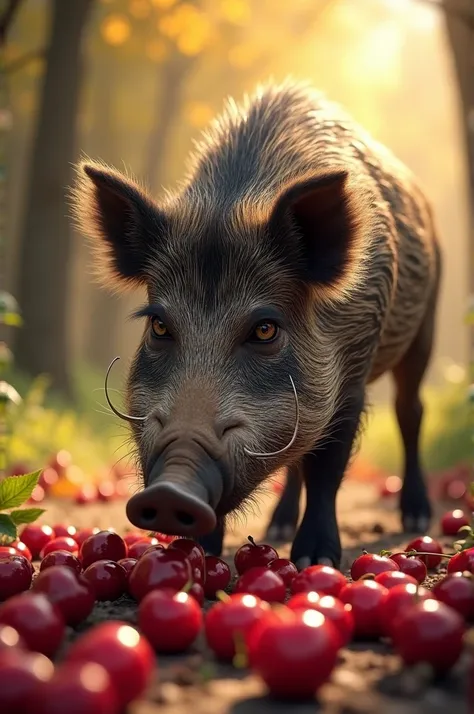 Under the sun a wild boar with spots that wearily put together many cherries to eat so juicy and bright just when I look at them after blessing I dont have one of the tasty ones left