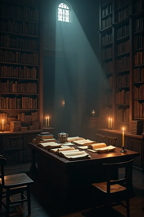  Dark room with bookshelves .  There are dark brown chairs and tables .  Above the table there are piles of books and lanterns by candlelight. 
 dark atmosphere , mysteriously creepy 